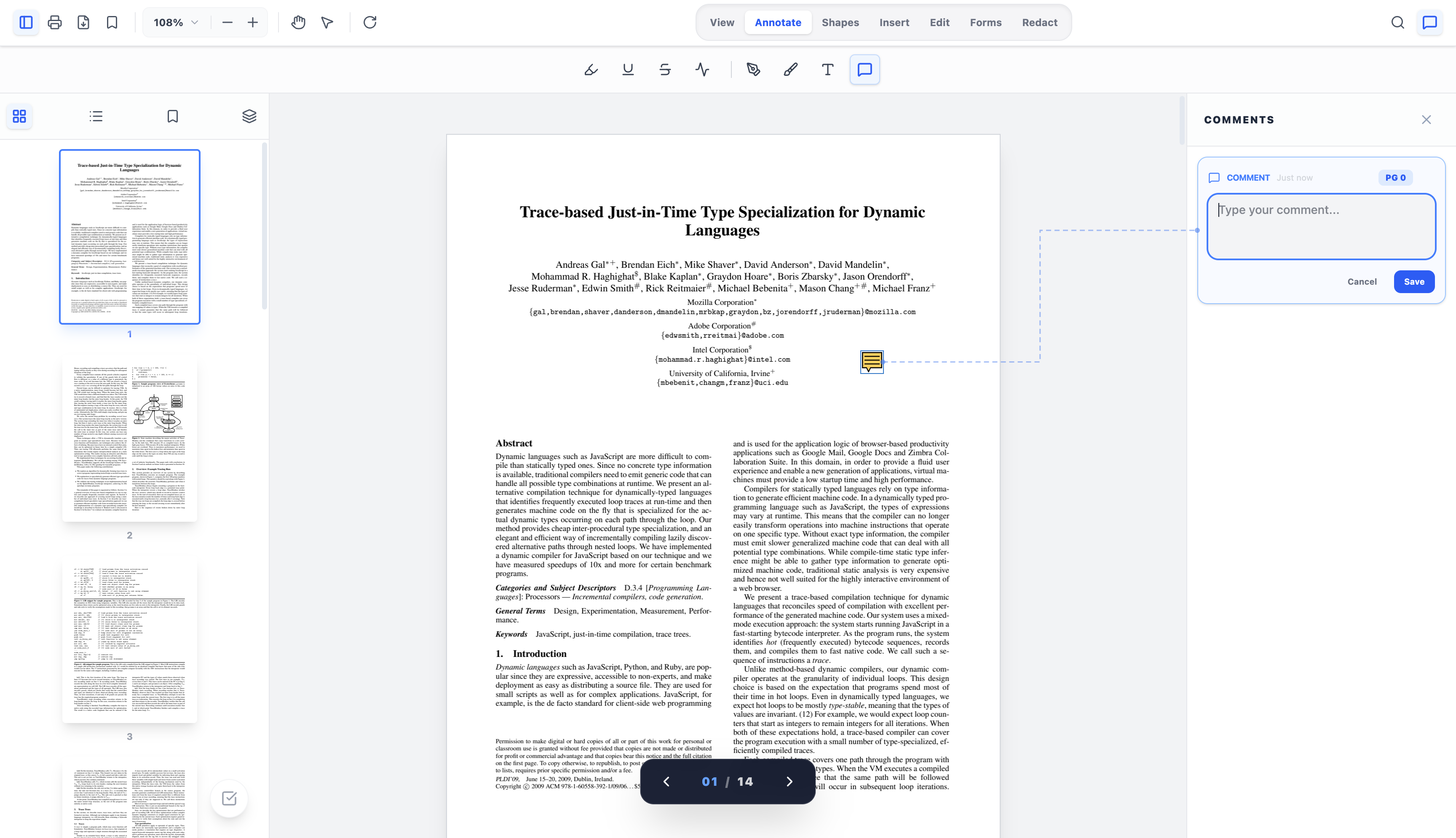 Aperçu d'une application développée par Logic Flow : visionneuse PDF avec panneau de miniatures.